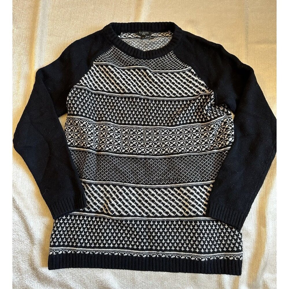Talbots Sweater Womens Small Petite Fair‎ Isle Stripe Lambswool Knit Black White